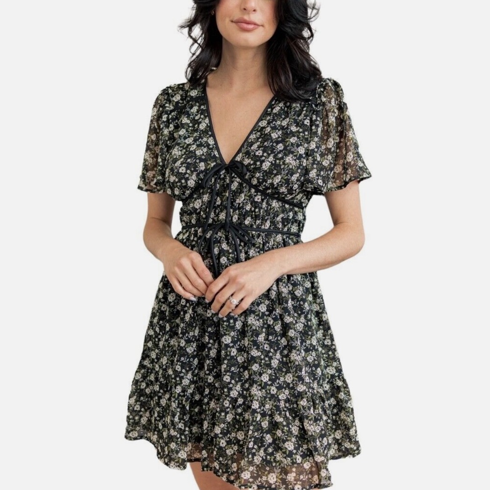 Topshop Black Floral Tie-Front Short Dress